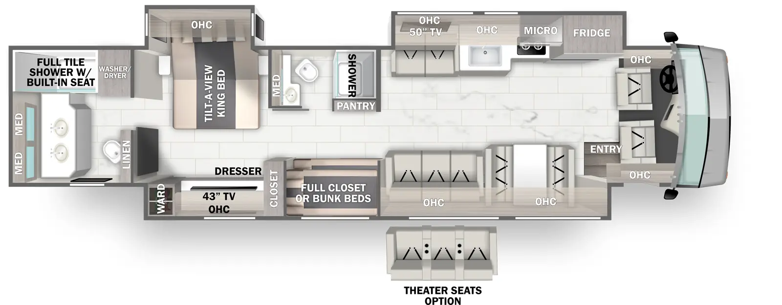 The Charleston 45D floorplan has one entry and three slide outs. Exterior features include: 19'8" & 19'8" awning. Interiors features include: bunk beds, rear bathroom, two full bathrooms and dinette.